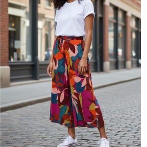 Easel Los Angeles Tropical Leaf Print Wide Leg Culotte Pants Resortwear Med